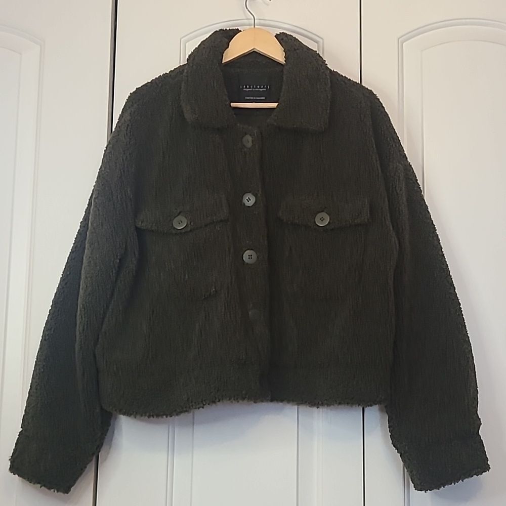 Sanctuary Anthropologie Olive Green Bomber Sherpa Fuzzy cropped Jacket Size XL